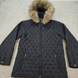 Obermeyer Northern Lights Black Quilted Faux Fur Hood Ski Jacket Parka Womens 10